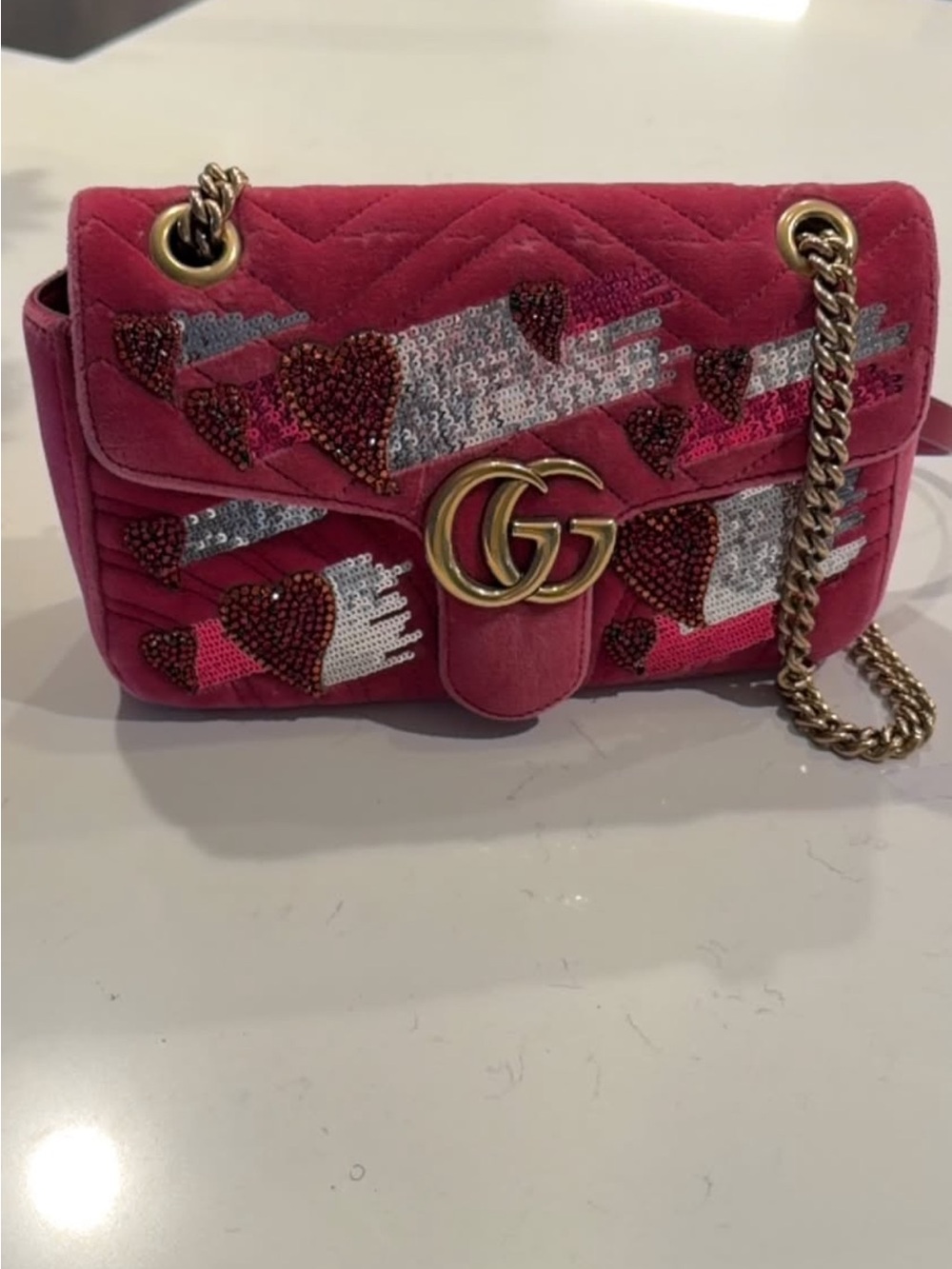 Gucci Pink GG Marmont Sequined Heart Shoulder Bag